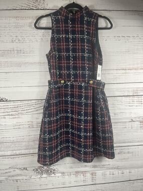 Alena Admor Dress Womens 4 Blue Plaid Tweed Mock Neck Fit Flare Sleeveless Work